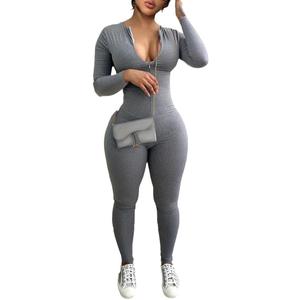 YeGine Women Long Sleeve Bodycon Jumpsuit Sexy Rompers One Piece Zip Up jumpsuits (Medium, 4-gray)