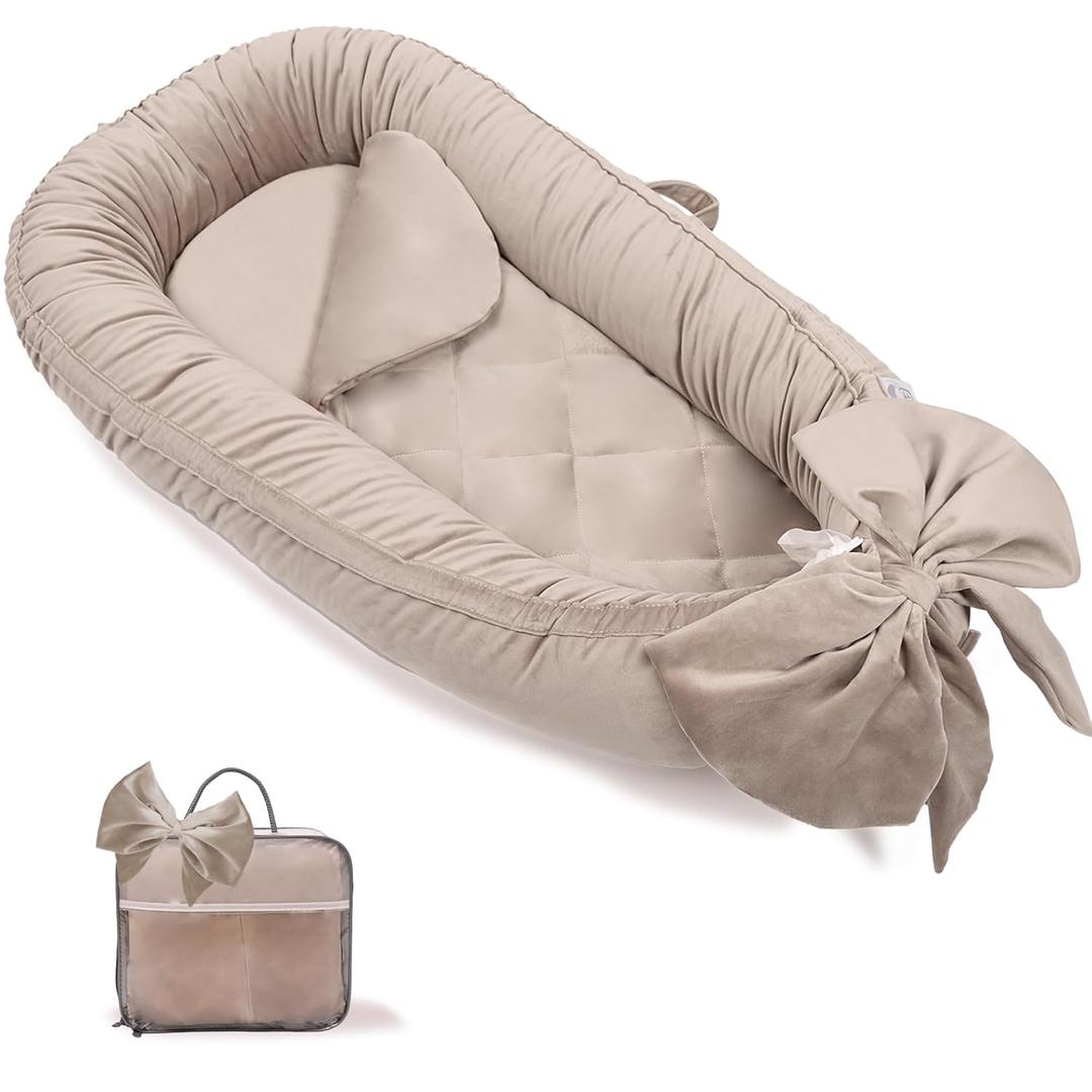 Baby Lounger, Infant Lounger for Newborn,Portable Baby Nest Cover Breathable & Soft, Newborn Essentials (Brown Bow)