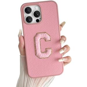 Skyseaco for iPhone 15 Pro Max Case Aesthetic Monogram Phone Case with Pink Leather Embroidered Letters Shockproof Protective Cover for Women Girls, Initial C Pack of 2