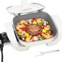 SugarWhisk 8-inch Ceramic Coated Electric Skillet with Lid, Non Stick Skillet Griddle Pan Electric, Rapid Heat Up, 650W, Breakfast Skillet, Kitchen Appliances for Cooking, White