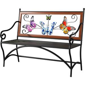 39.7" Outdoor Bench, Garden Bench, Patio Bench with Armrest, Slatted Seat and Butterfly Pattern Backrest for Outside, Front Porch, Park, Lawn, Backyard and Balcony, Cast Iron Metal Frame, Black, Two-seater