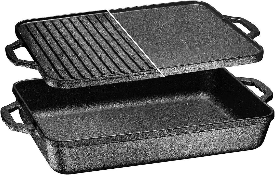 Bruntmor 3-in-1 Pre-Seasoned Cast Iron Pan with Reversible Grill Griddle Lid - 17.8"x11"x3.3" Non-Stick Multi Cooker Deep Roasting Grill Pan - Dutch Oven, Frying or Roasting Pan for Open Fire Camping (Square)
