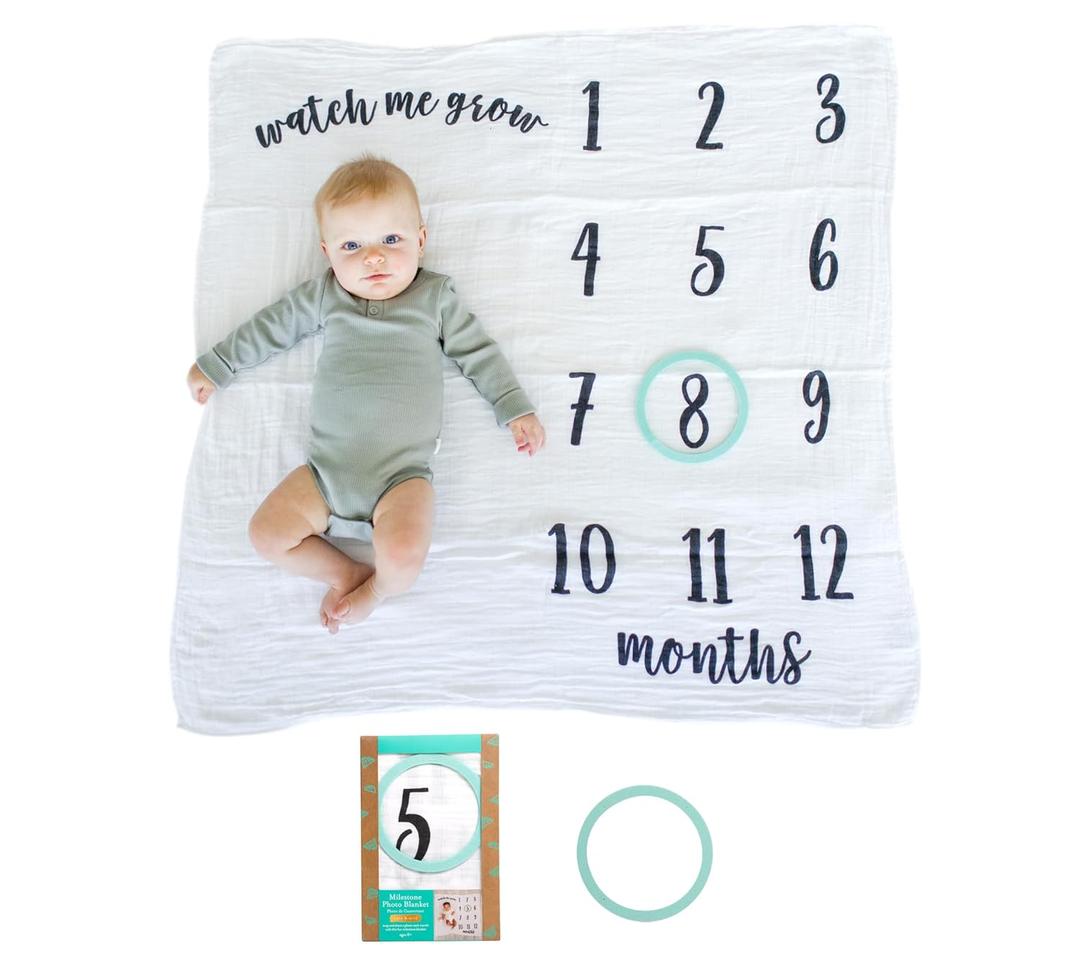 Kate & Milo Baby Milestone Blanket with Monthly Markers, Muslin Cotton Infant Photo Prop Blanket for Newborn Photos and First Year Milestones