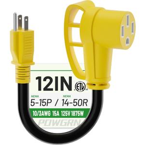 POWGRN NEMA 5-15P to NEMA 14-50R, RV 50 Amp to 110 Adapter 12 inch, Heavy Duty 10/3 Gauge RV Electrical Adapter, STW 10AWG 15A 125V 1875W, Black-Yellow, ETL Listed