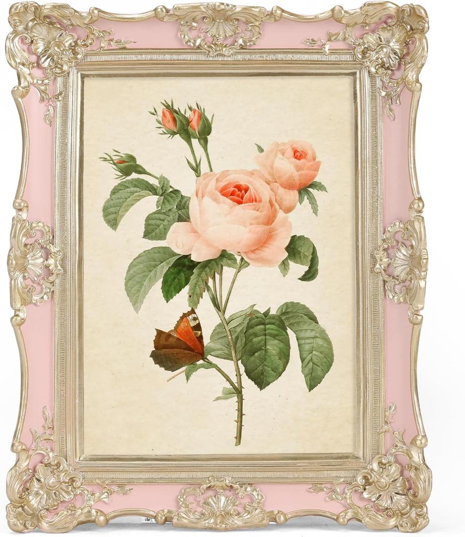 EXYGLO 5x7 Vintage Resin Picture Frame, 5 by 7 Pink Ornate Antique Frame with Gold Trim, Retro Frame for Desktop or Wall Display, Horizontal/Vertical