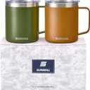 SUNWILL Travel Coffee Mug with Lid, Insulated Tumbler Set of 2, Stainless Steel Cup 14 oz for Camping, Outdoor, Gifts, Powder Coated Olive & Caramel