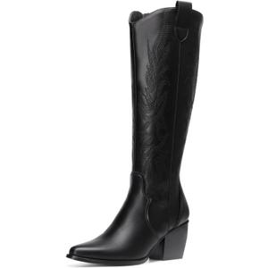 DREAM PAIRS Womens Cowboy Boots Wide Calf Comfortable Pull On Zipper Chunky Heel Pointed Toe Embroidered Western Cowgirl Knee High Boots Girls Ladies Retro Tall Boot (8)