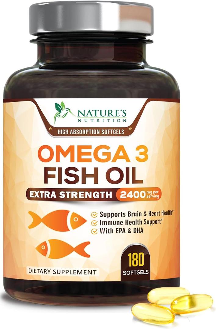 Omega 3 Fish Oil 2400 mg - Triple Strength Omega3, EPA & DHA Fatty Acids - Supplement - Natural Support for Immune, Heart & Brain Health - Wild Caught, Non-GMO, Lemon Flavor, Burpless - 180 Softgels, Best Before Date: July 21, 2027