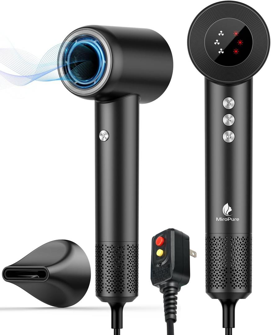 Hair Dryer, High Speed Negative Ionic Blow Dryer with 110, 000 RPM Brushless Motor for Fast Drying, 1500W Low Noise Thermo-Control 4 Temps & 3 Speeds Hairdryer with Magnetic Nozzle for Hair Care, Home