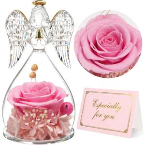 Yamonic Mom Birthday Gifts for Mom, Angel Figurines with Real Rose Gifts for Her Mom Grandma,Preserved Flowers Rose Angel Figurines for Mothers Day Christmas Anniversary Birthday Gifts for Her (Pink)