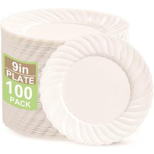 U-QE 100 Count 9 Inch Ivory Plastic Plates for Party - Scalloped Disposable Dinner Plates - Premium Hard Fancy Disposable Heavy Duty Party Supplies for Birthdays, Celebrations, Weddings and Events