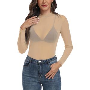 Women's Sheer Mesh Tops Long Sleeve Sexy See Through Shirt Mock Neck (M)