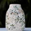 Vintage Green Ceramic Decorative Floral Vase for Flower Bouquet centerpieces Beige Ice Glazed Crack Farmhouse Rustic for Home Decor, Living Room, Shelf, Office, Table 7.7 Inches with Vine Pattern