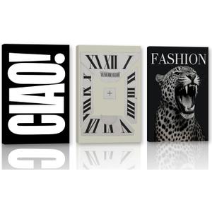 RVETNGVM 3Pcs Trendy Black And White Wall Art Wildlife Cheetah Roaring Posters Vintage Timepiece Abstract Clock Art Animal Aesthetic Prints For Living Room Bedroom Wall Decor Canvas 12"x16"