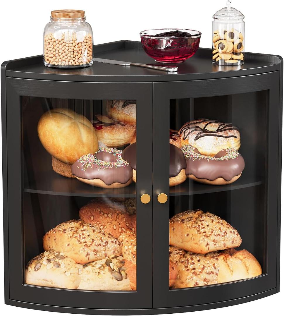 Trironsun Bamboo Corner Bread Box for Kitchen Counter with Acrylic Transparent Door Large Capacity Bread Holder Double Layer Bread Storage Container for Homemade Bread (Black)