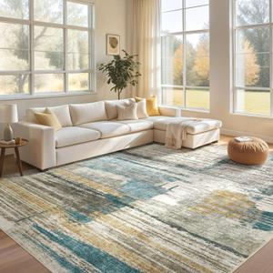 Area Rug for Living Room - 9X12 Modern Washable Soft Large Abstract Rugs, Non-Slip Low Pile Carpet for Bedroom Dining Room Home Office - Blue Gold