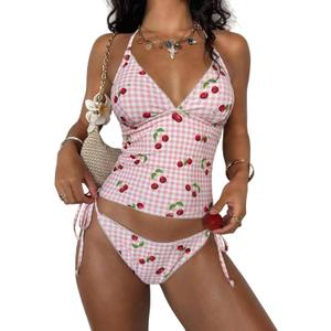 ZAFUL Tankini Swimsuits for Women Halter V Neck Plaid Tummy Control Bikini Swimsuit Tie Side 2 Pieces Bathing Suit (Pink, L)