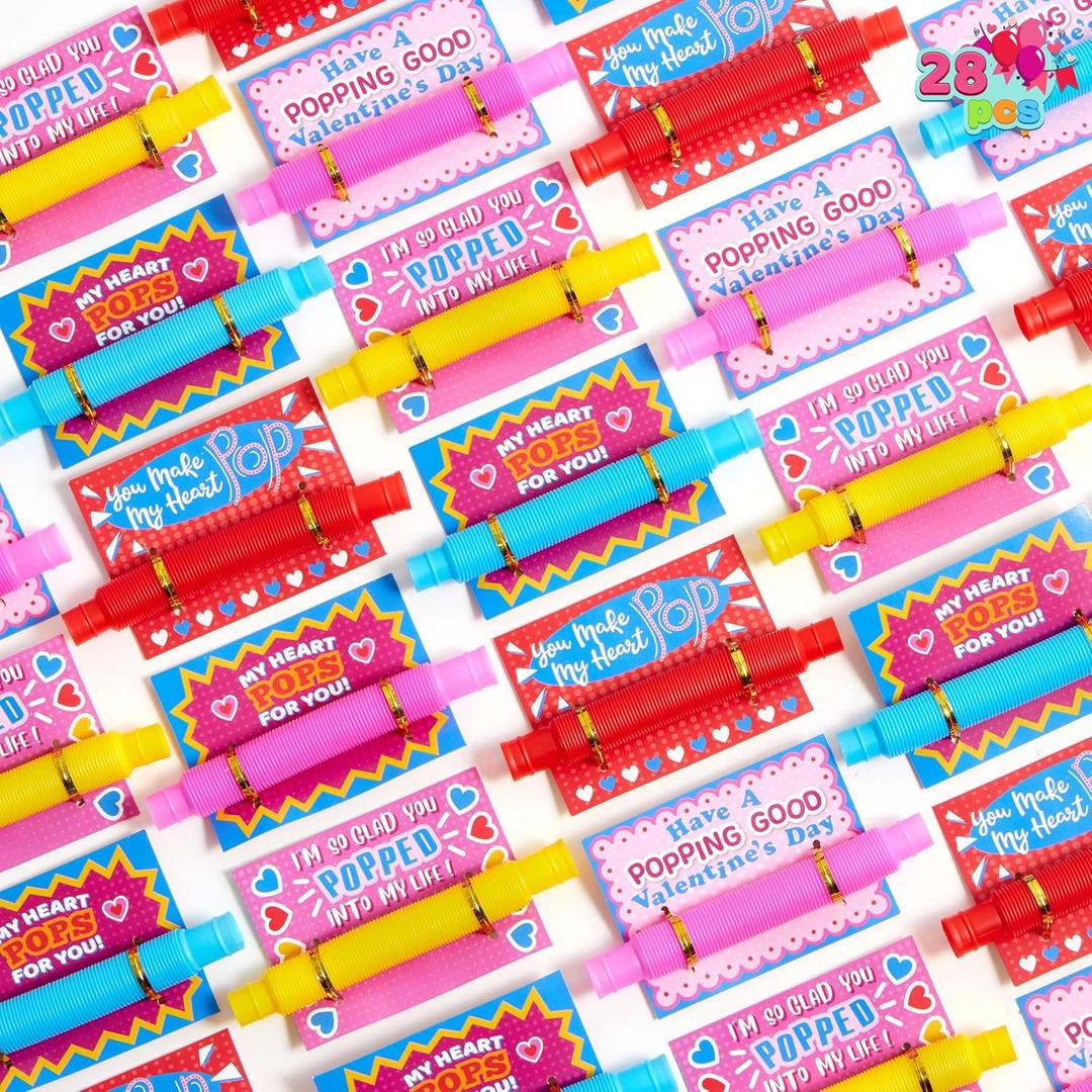 JOYIN 28 Packs Valentines Cards with Pop Tubes for Kids, Pop Tubes with Gift Cards Set, Stretchy Stress Relief Fidget Toys for Kids Classroom Valentine's Day Party Favors Classroom Gifts