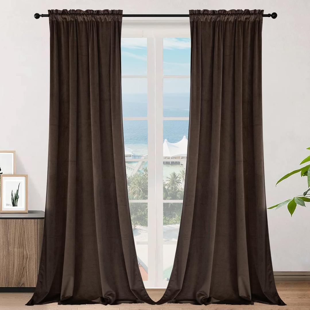 SMILETIME Brown 108in Long Velvet Curtains with Rod Pocket Thermal Insulated Soft Privacy Light-Filtering Velvet Drapes for Bedroom and Living Room, Set of 2 Panels, 52 x 108 Inches Long