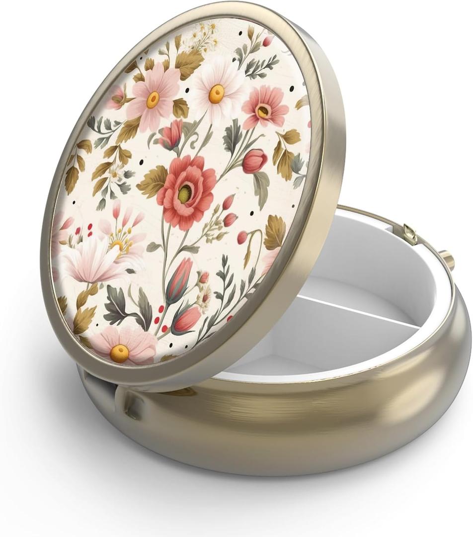 Pill Case Pill Box with Mirror Retro 3 Compartment Small Pill Case for Purse or Pocket Bronze Small Roud Pill Box or Vitamins, Fish Oil, Supplements, Pill Containe Travel GiftsRetro Red Flowers