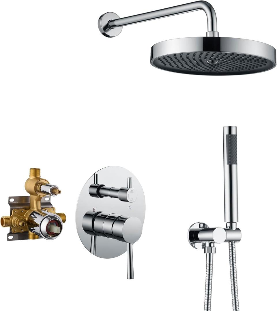 Chrome Shower Faucets Sets Complete, Shower Fixtures, Shower System with 10 Inch Rainfall Shower Head And High Pressure Handheld, Brass Valve with Pressure Balance Cartridge
