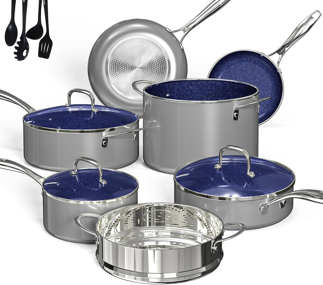 Deluxe DUXANO 14PC Healthy Pots and Pan With 9H Anti-scratch Coating, 2-Layer Non-Stick Ceramic&PFAS Free, Sensitively&Evenly Induction Cooking, Enhanced Flavor with Infrared Cookware, Dishwasher Safe, extra large
