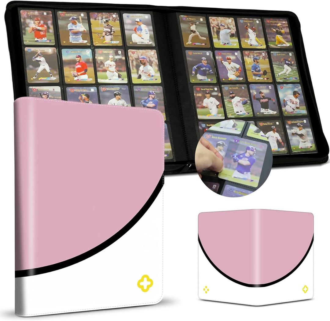 Card Binder 16 Pocket, 1000+ Cards PU Cover Trading Card Binder Side Loading Card Collection Album Holder Folders Pink (Pink and White)