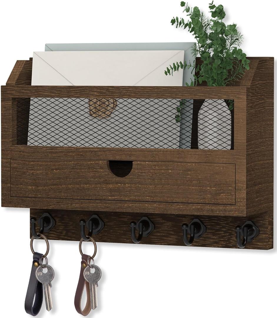 Nekon Key and Mail Holder for Wall, Key Organizer with 5 Hooks & Storage Drawer, 11" W x 7.9" H x 3.1" D Wooden Key Rack for Entryway and Home Decor (Brown)