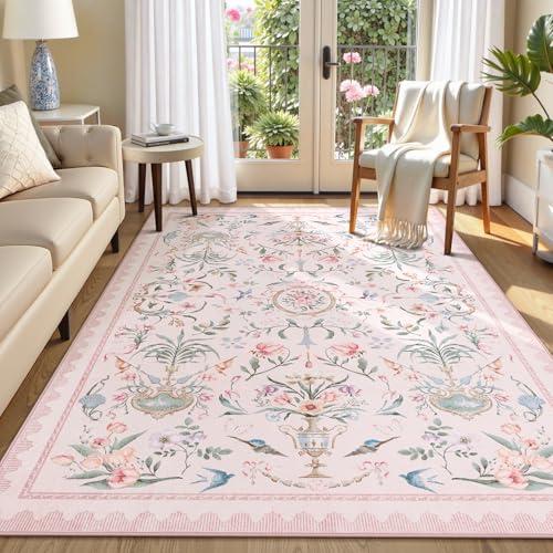 Collive Pink Rugs for Girls Bedroom, 5x7 Boho Floral Washable Area Rug Non Slip, Soft Ultra-Thin Indoor Decor Elegant Carpet for Kids Room Nursery Living Room Dining Room