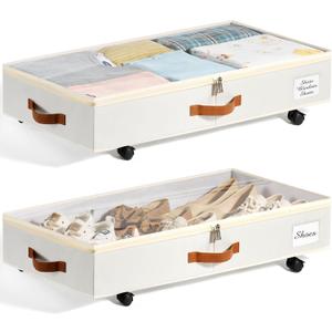 Under Bed Storage with Wheels Set of 2, Underbed Storage Container with Clear Lid Cover, 6.7 Inches Height Rolling Under Bed Drawer Storage Basket Bin Shoe Organizer for Cloth Sheet Sweater (Beige)