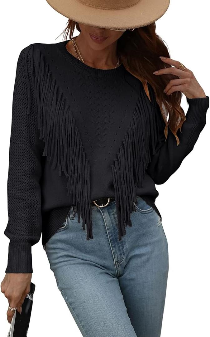 chouyatou Women's Casual Crewneck Fringe Tassel Knitted Pullover Sweater Jumper Tops Size XS