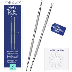 Oravix Tonsil Stone Remover Tool Pack of 2, Metal Tonsil Stone Removal Tool, 7 Surgical-Grade Stainless Steel Metal Pick with 10 Soft Silicone Tips, Fight Bad Breath, Safe & Easy