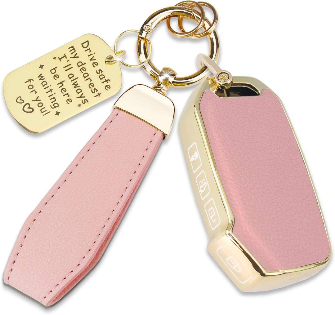 Soft TPU & Leather Key Fob Cover Compatible with Kia Sportage Stinger Telluride Carnival Cadenza Forte K5 Niro Rio Seltos Soul, with Keychain & Metal Blessing Tag (5 Button Pink)