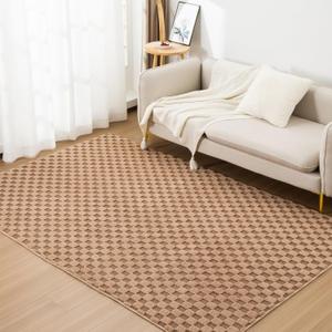 Aimuan Checkered Print Area Rug Cute Checkerboard Rugs Soft Shaggy Carpets Back Non-Slip Mat for Kids Bedroom Living Room Nursery Home Decor (Khaki, 5x8ft)