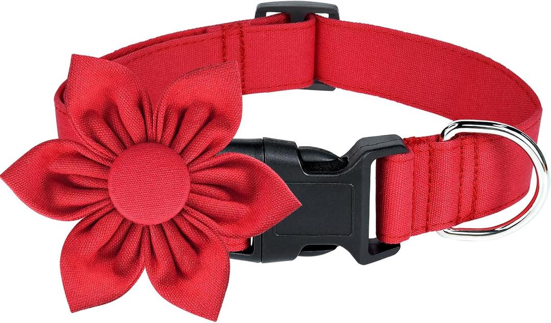Malier Christmas Dog Collar with Flower, Red Dog Christmas Collar with Buckle Adjustable Cotton Collar for Small Medium Large Dogs Puppy (Red, Large) Set of 4