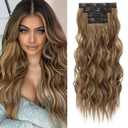 REECHO Clip in Hair Extensions, 4PCS Hair Extensions 24" Thick Long Beach Waves hair extensions Invisible Lace Weft Natural Soft Hairpieces for Women – Medium Reddish Brown with Highlights