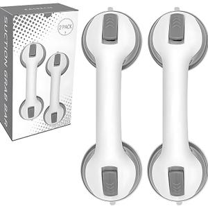 2 Pack Grab Bars for Bathtubs and Showers - 12 Inch Suction Grab Bars for Shower, Removable Handrails, Shower Handles for Elderly Suction and Seniors Safety Grip No Drilling Waterproof, Grey