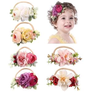 Cinaci 6 Pack Delicate Rose Flower Nylon Headbands Floral Bows Headband Super Stretchy Hair Bands Fancy Headpieces Tiara Crown Accessories Bulk for Baby Girls Newborns Infants Toddlers Kids (White, Ivory, Pink, Purple, Rose Pink and Yellow)