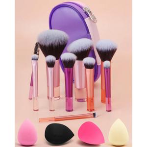 PGRODE Mini Travel Makeup Brushes Set, 14 Pieces, Portable Full Complete Function Cosmetic Kit with Brush Pouch, On the Go Short Makeup Brush Small Travel Essentials for Kids, Women, Girls (Colorful)