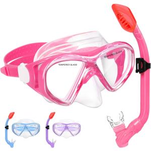 Kids Snorkel Set Dry Top Snorkeling Gear for Kids Youth Boys Girls Junior Age 5-15,Tempered Glass Swimming Diving Mask and Snorkel Set 180 Degree Panoramic View (Light Pink)