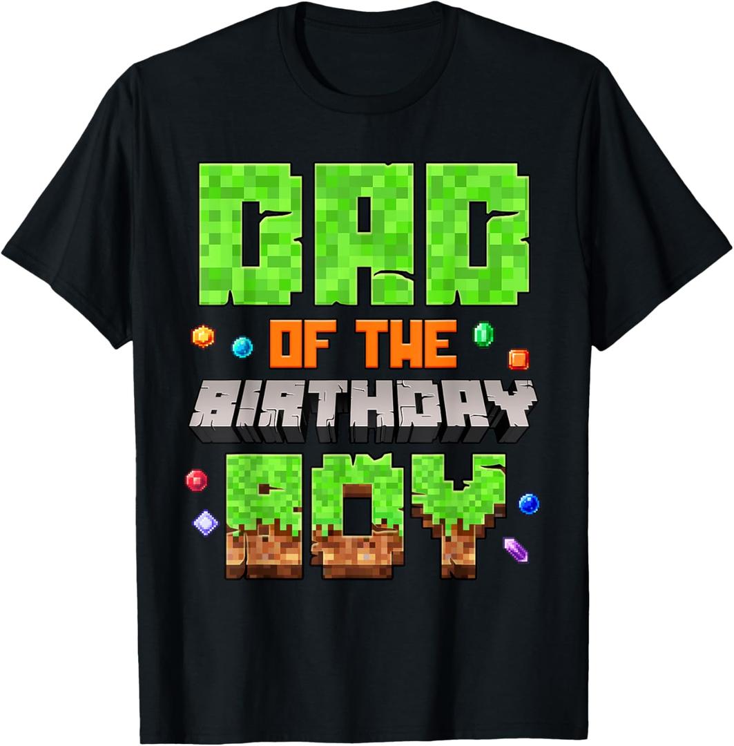 Dad Of The Birthday Boy Pixel Gaming Video Game Family Kids T-Shirt (Small, Black)