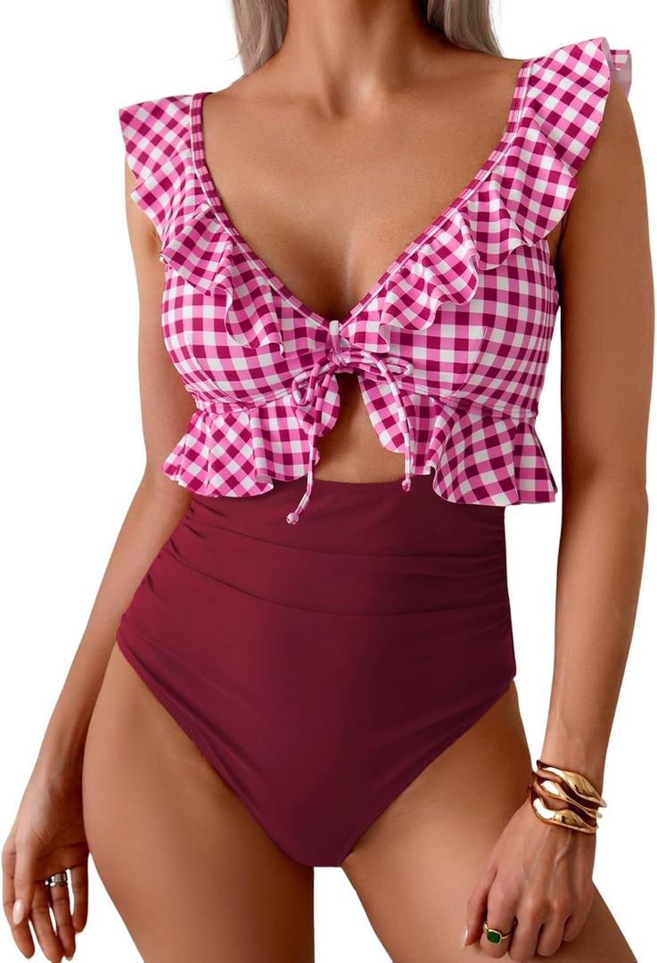Eomenie One Piece Swimsuit for Women Tummy Control Ruffle Bathing Suit V Neck Ruched Swim Suit Slimming Cutout Swimwear (Medium, Pink Plaid)