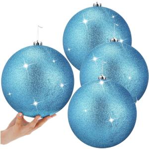 Zubebe 4 Pcs Extra Large Christmas Ball Ornaments Glitter 8'' (200 Mm) Giant Oversized Plastic Xmas Ball Big Hanging Christmas Tree Ornaments for Holiday Party Outdoor Decor(Glitter Light Blue)