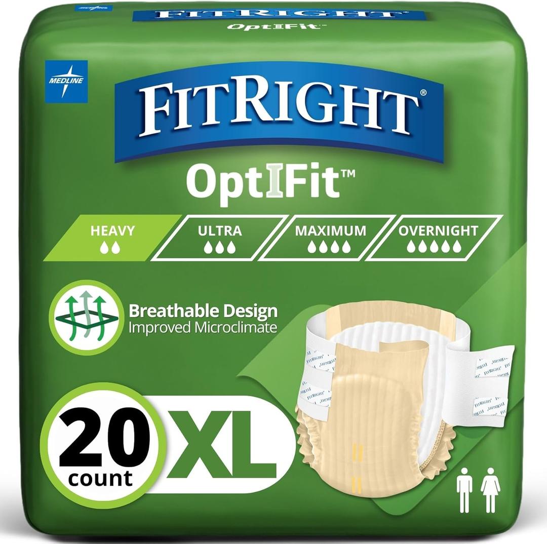 FitRight Adult Diapers, Extra Heavy Absorbency, XL (Waist Size 56in-64in), 20 Count, OptiFit Incontinence Briefs for Men and Women, Disposable, Moisture Wicking, Leak Protection,