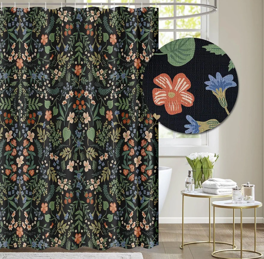 Tititex Boho Rustic Floral Black Faux Linen Shower Curtain, Vintage Watercolor Leaves with Flowers Bathroom Decoration Shower Curtain Sets 71x71 Inch with Hooks