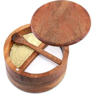 Acacia Wood Salt and Pepper Bowl, Nature Wood Salt Cellar and Spices Storage Box With Built-in Spoon and Magnetic Swivel Lid (Two Compartments 12 oz)
