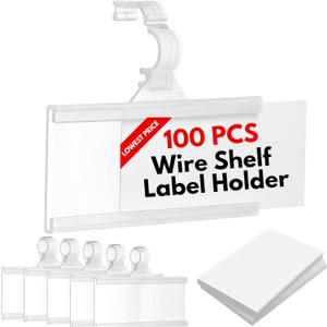 Plastic Wire Shelf Label Holder, Reusable Shelf Tags for Pantry Retail Store, Supermarket UPC Price Card & Ticket Display, Strong & Easy Clip Design Tight Snap Lock Closure. 1-1/4" H X 3" W (100)