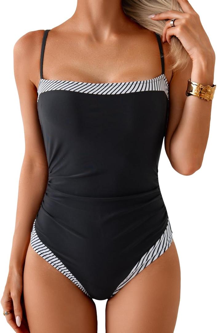 B2prity One Piece Swimsuit for Women Tummy Control Slimming Bathing Suit Color Block Swim Suit Modest Swimwear (Black, M)