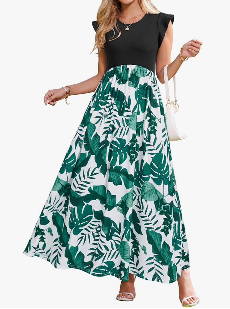OUGES Women 2025 Spring Summer Dresses Maternity Sleeveless Ribbed Fashion Casual Outfits Maxi Dress with Pockets, Green Leaf Print, L