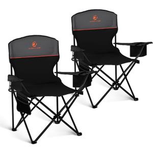 LET'S CAMP Camping Chair 2 Pack Folding Chair with 4-Can Cooler Bag Portable Lawn Chair with Cup Holder,Storage Pocket, Supports 250LBS, Collapsible Chair for Camp, Beach, Picnic (Black)